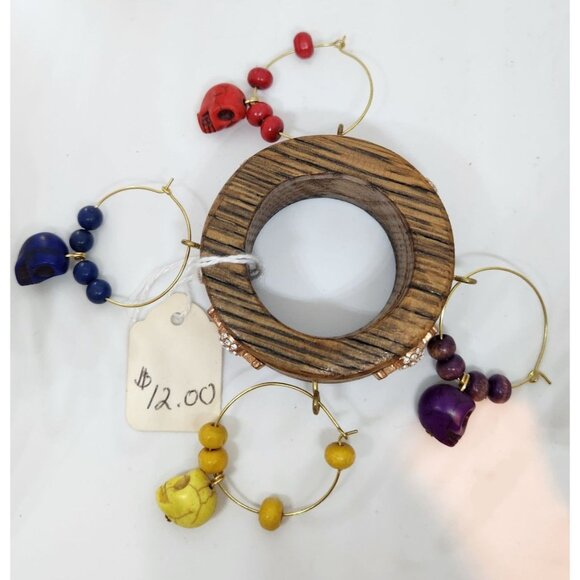 Colorful Skull-Themed Wine Glass Charms Set - 4 Unique Charms With Beads & Wood - Picture 12 of 13